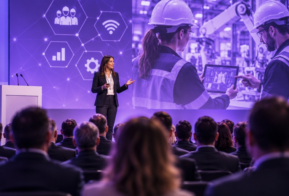 Female speaker presenting connected workforce technologies, digital manufacturing and Industry 5.0 at a manufacturing conference.